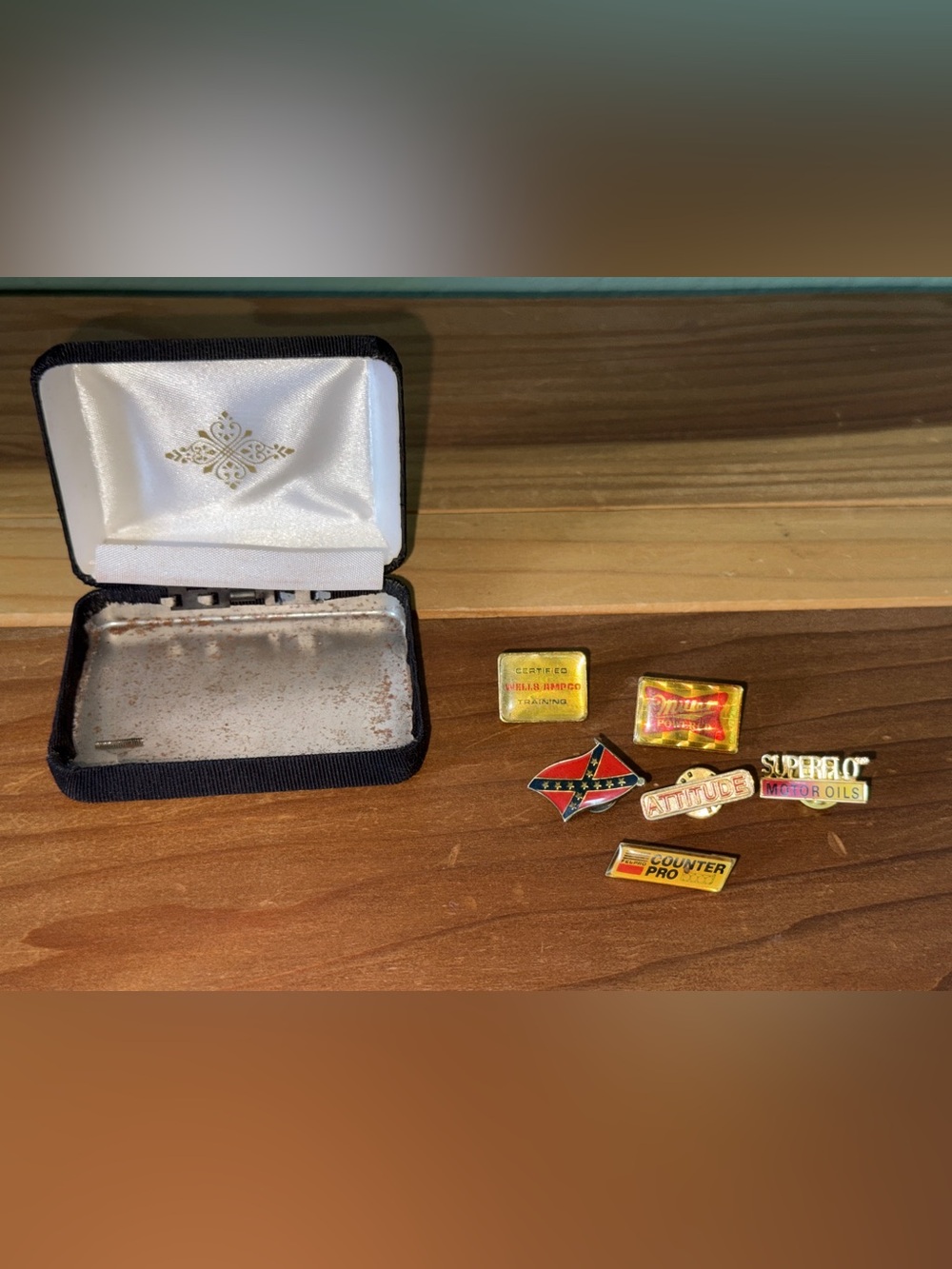 Vintage Advertising Lapel Pin Lot 6 Pins Miller NASCAR Superflo Fel-Pro + Box